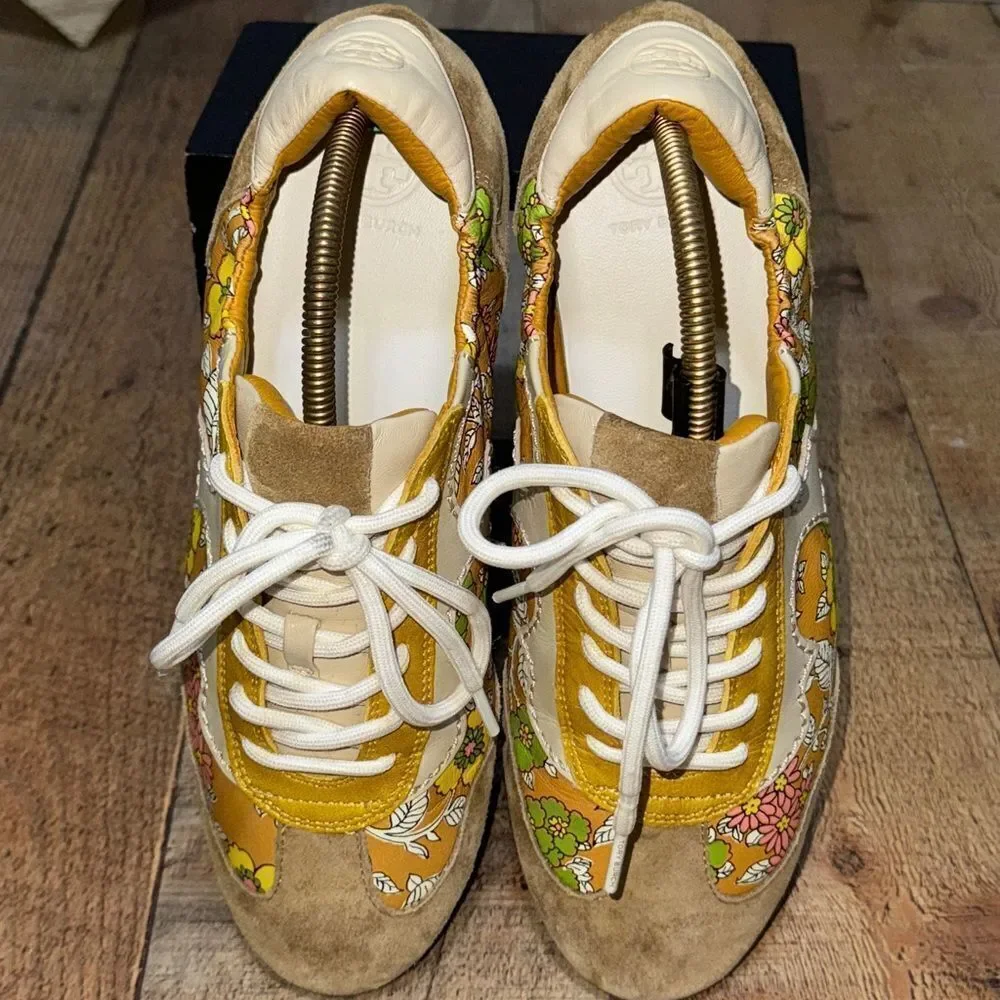 Tory Burch Serif Floral Leather Sneakers Yellow 8.5 rare